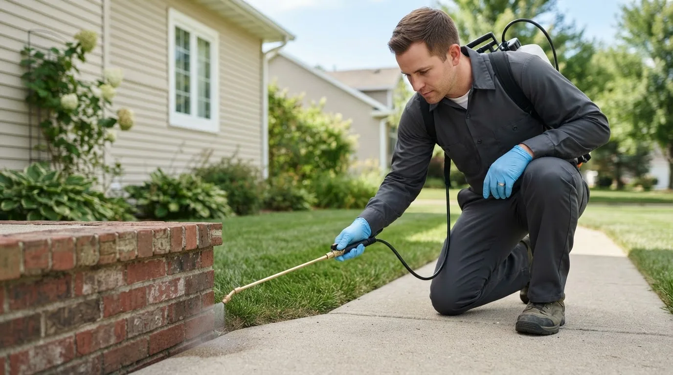 Pest control technician treating a home near Newberg, OR